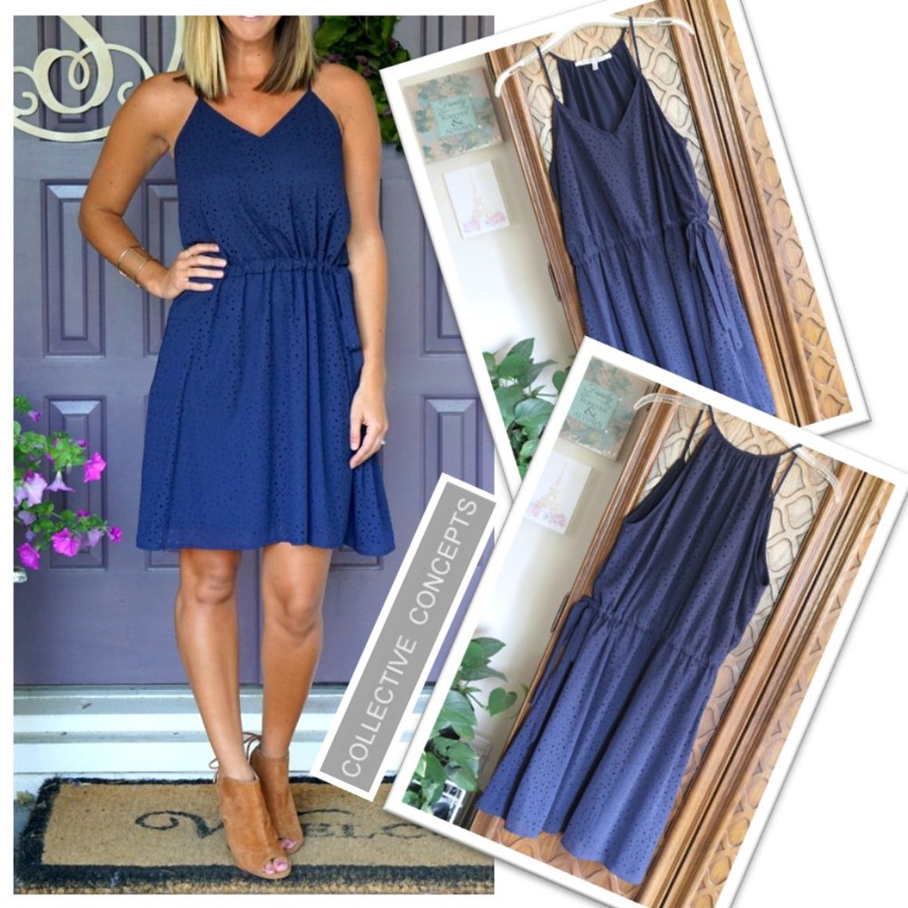 COLLECTIVE CONCEPTS Galen Laser Cut Dress - Navy, Size M